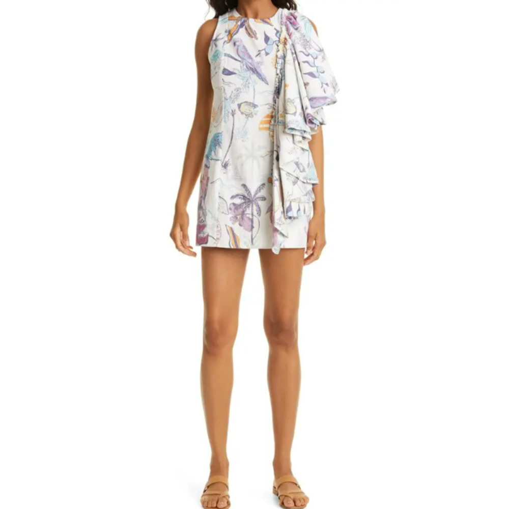 Isla & White Edelira Drape Ruffle Minidress in Canto De Playa Size Small NEW